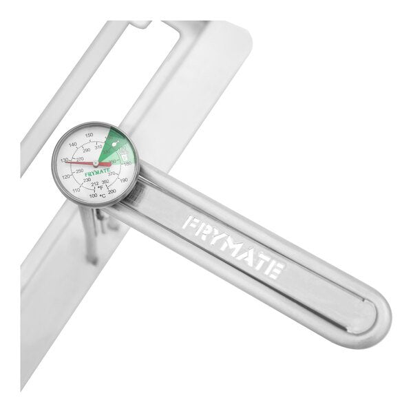 Frymate fryer thermometer clipped onto a stainless steel fryer filter handle