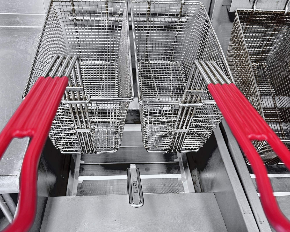 Frymate filter tray under fryer baskets